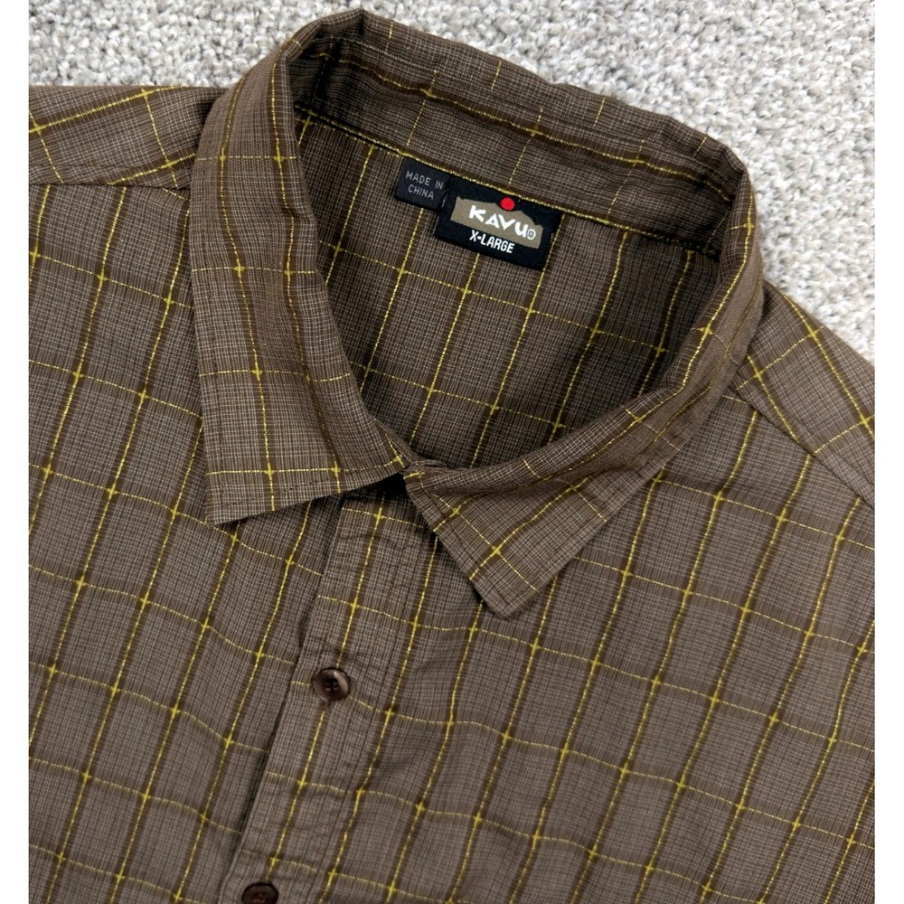 KAVU Mens XL Long Sleeve Shirt Brown Green Plaid Polyester Hiking Outdoor